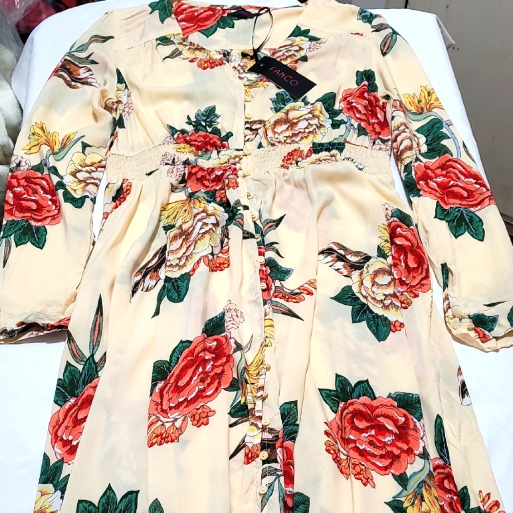 Fanco Floral Print Full Button Up Maxi Long Sleeve Dress Size XL NWT